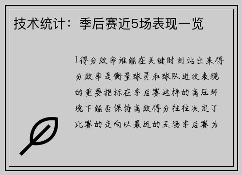 技术统计：季后赛近5场表现一览