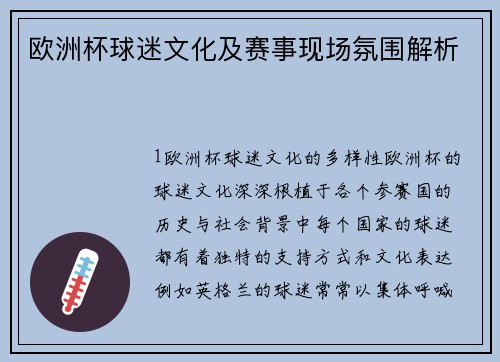 欧洲杯球迷文化及赛事现场氛围解析
